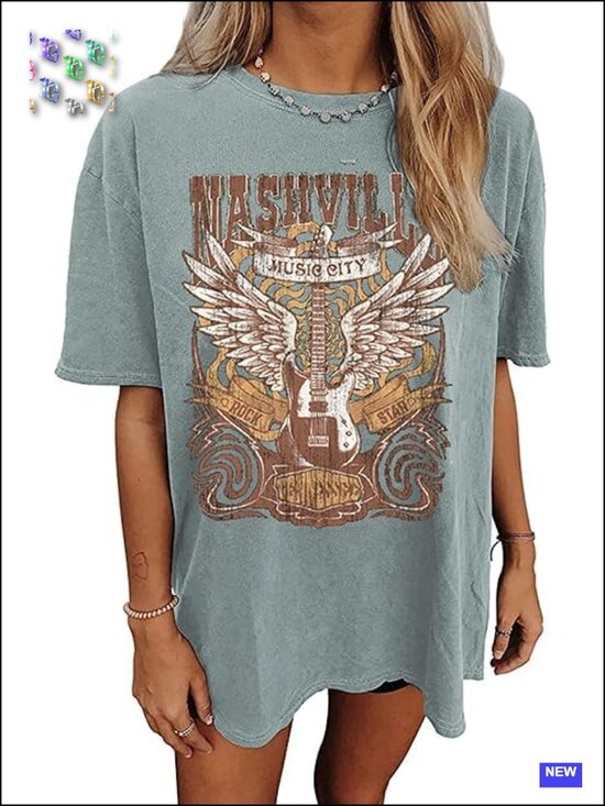 Tops - Oversized Nashville Music City Vintage Guitar Wings Graphic Tee